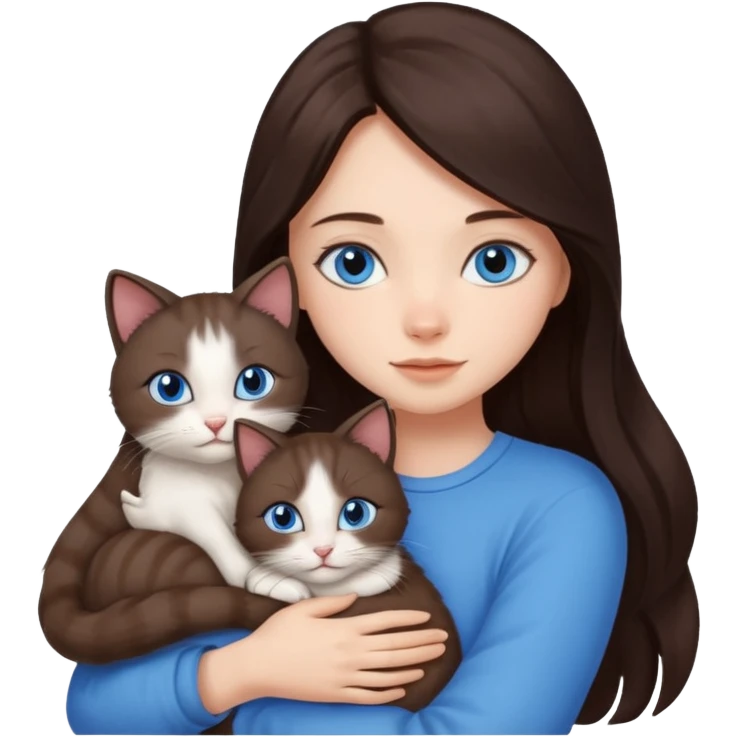 a pretty girl with long dark 
brown hair, with blue eyes, hugs 3 different natural coloured small cats emoji