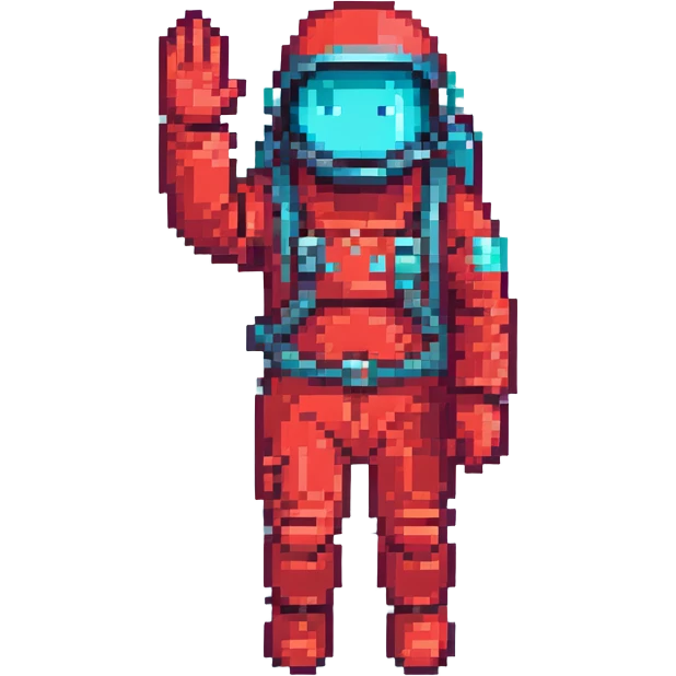 a man in a red spacesuit with a cyan visor, pixel art, waving emoji