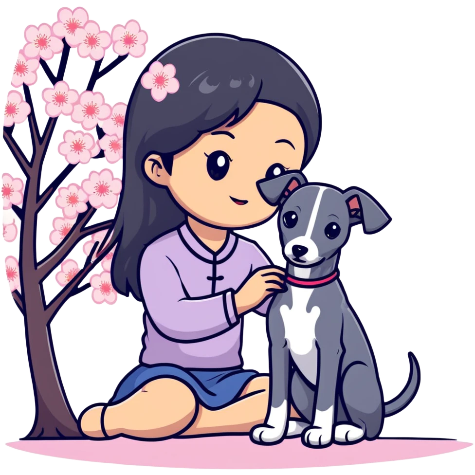 A young Chinese girl with long black hair and a dark grey Italian Greyhound with absolutely no white marks on its body or nose sitting under a cherry blossom tree emoji