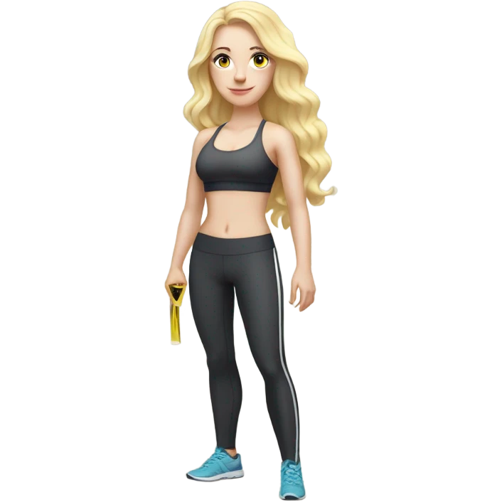 Woman, white skin, pale skin, long hair, blonde hair, wavy hair, standing, sports bra, leggings, tape measure wrapped around waste emoji