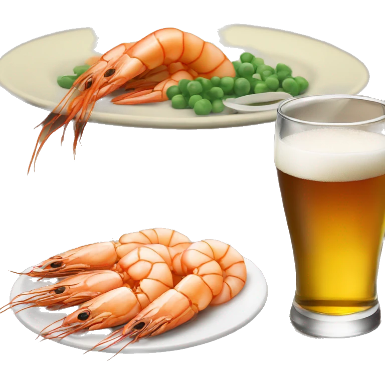 a glass of beer next to a plate of shrimp emoji