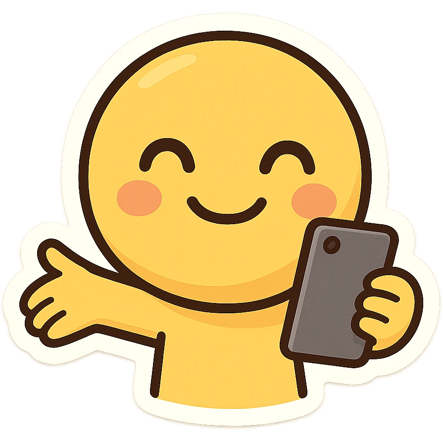 hugging face logo character, yellow face, smiling, open arms, holding a smartphone, simple background, chibi style, inspired by the original logo emoji