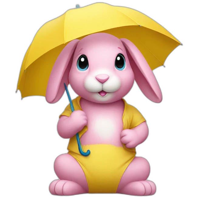 Pink rabbit wearing yellow tee shirt and blue umbrella emoji
