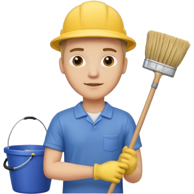 ligth man in cleaning clothes, holding a broom and a bucket emoji