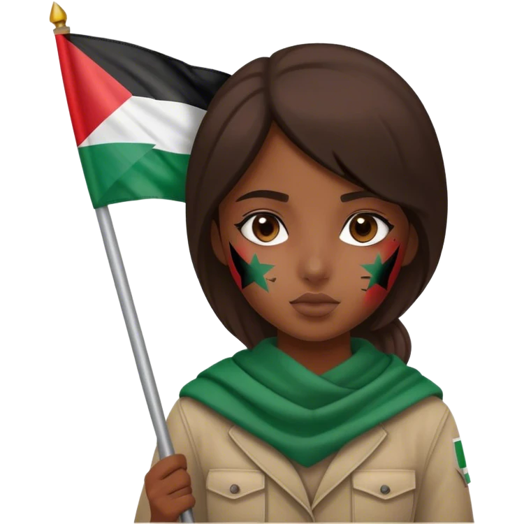 A girl holding a Palestine flag with dust on her face emoji