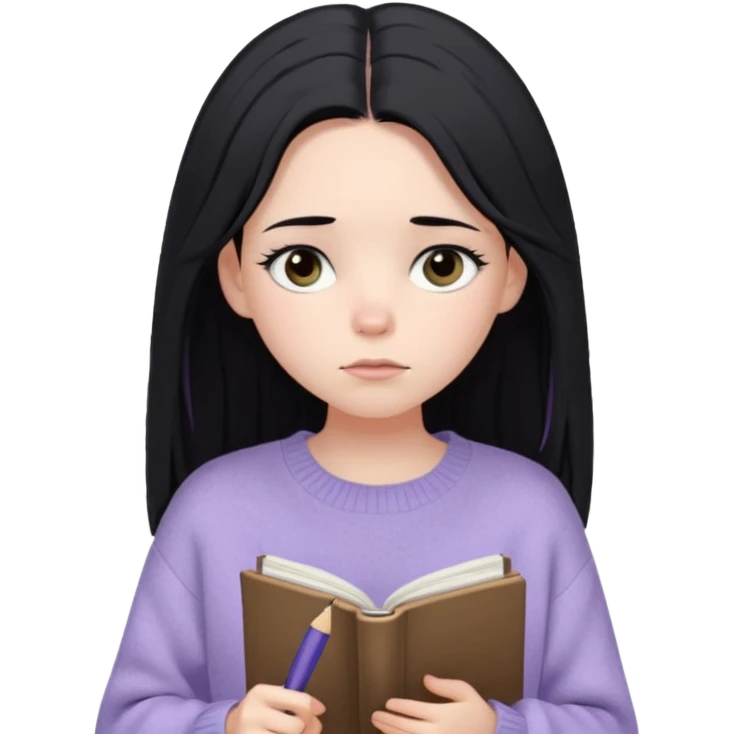 Maret – Cewe Overthinker/SENSITIF Kulit putih pucat lembut, rambut hitam panjang lurus agak messy, belah tengah. Pakai sweater lavender terang oversized. pegang jurnal & pulpen, tatapan kosong mikir. emoji