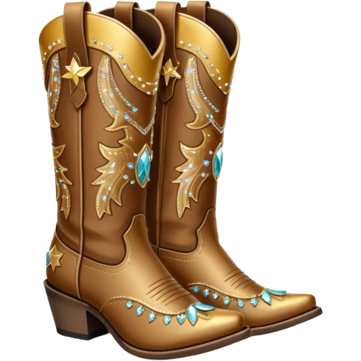 Realistic brown and gold fashion cowgirl boots with sparkly shiny glitter fringe on them. emoji