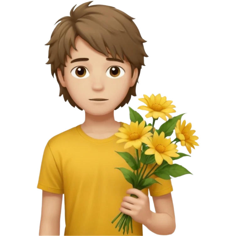 generate an ios genmoji of a 20 year old fair boy with brown long and messy hair with faint upper lip hair - visible (brown). should look like he cant grow a mustache., carrying a flower bouquet, wearing a yellow tshirt, looking shy emoji