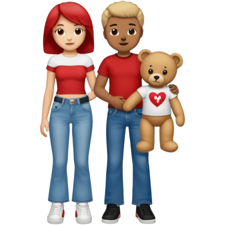 A boy and a girl teddy bear for the boy bear put on true religion shirt and jeans with black shoes and for the girl put flare jeans and a red tube top and white shoes just bears not the humans  emoji