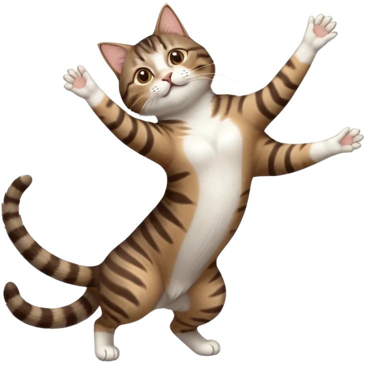 dark brown tabby and white cat with doing a big extremely long stretch reaching up into the air with arms and legs side by side together straight and overextended whilst lying on its side emoji