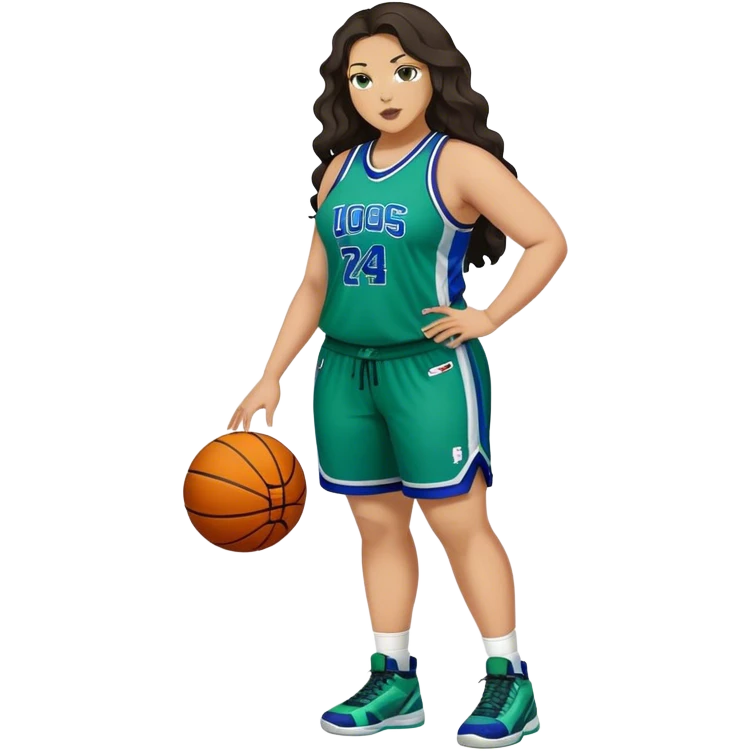 Full Body light skin Latino plus size full figured women basketball player with long wavy dark hair  wearing blue and green uniform emoji