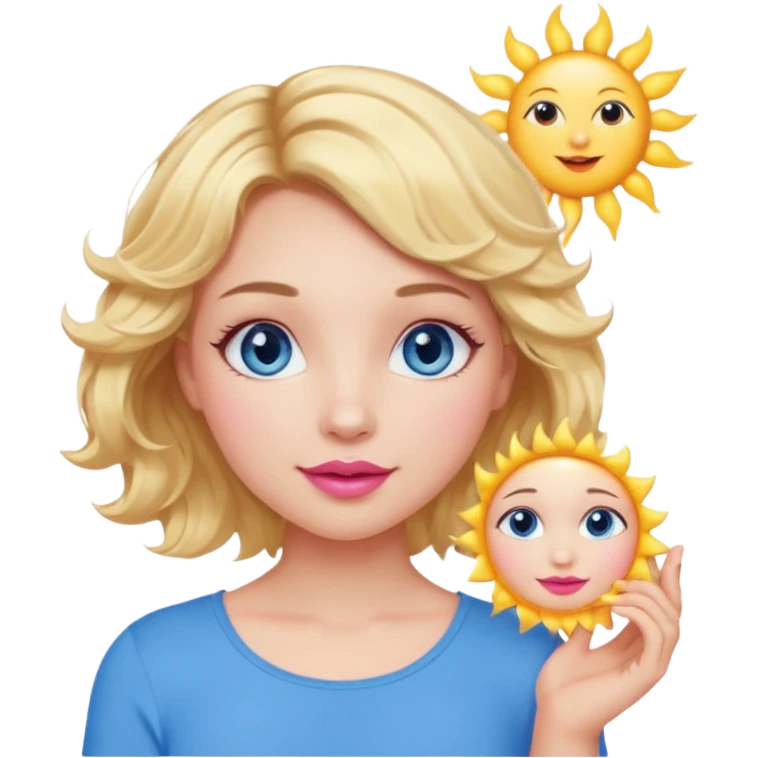 Girl Blonde short wavy hair,  blue eyes, cute blue top, long lashes, pink lips, holding the sun   emoji