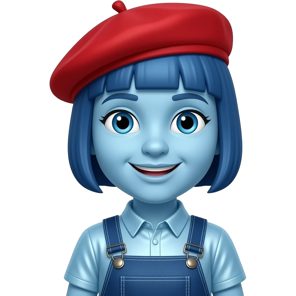 Rooney Doodle from The Doodlebops with light blue skin, blue eyes, blue puppy cut hair, red beret, light blue metallic shirt, dark blue metallic overalls emoji