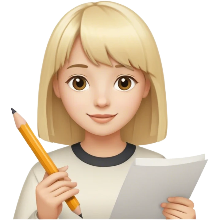 young happy artist with straight blonde hair and bangs, with pencil ad paper emoji
