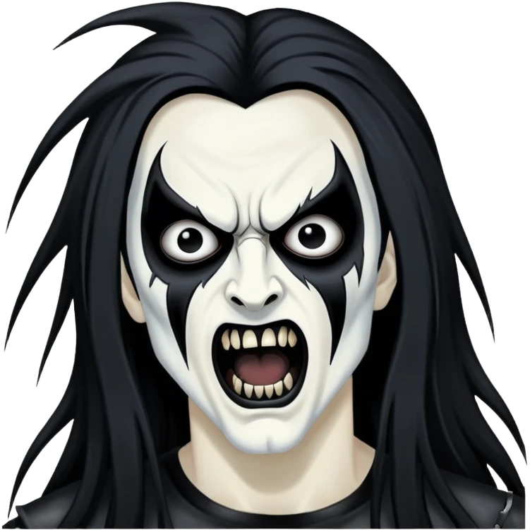 Black metal musician with corpse paint, long hair, screaming emoji