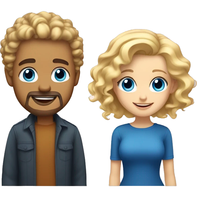 a man with blonde hair and a blonde goatee and blue eyes, and a woman with blue eyes and darker blonde shoulder length curly hair. they're smiling and in love emoji