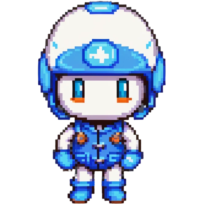 Classic bomberman character, blue and white colors, round helmet with antenna, cute pixel art style emoji