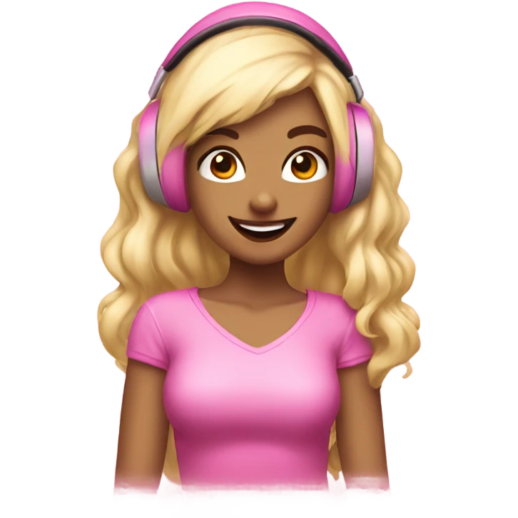 Coquette girl smiling while listening to msi wearing pink  emoji