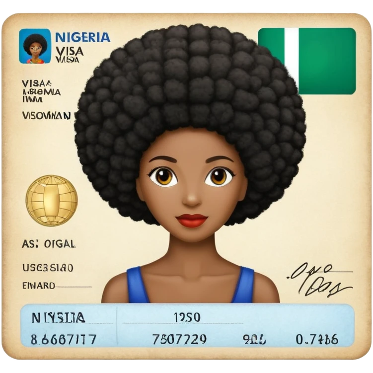 Nigeria, travel visa, with black woman, afro hair, photo on it. emoji