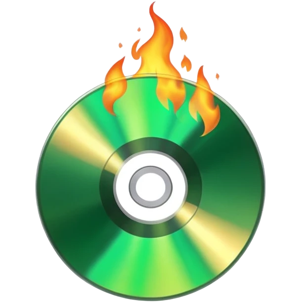 A minimalist CD disc with a subtle fire design, green flames emoji