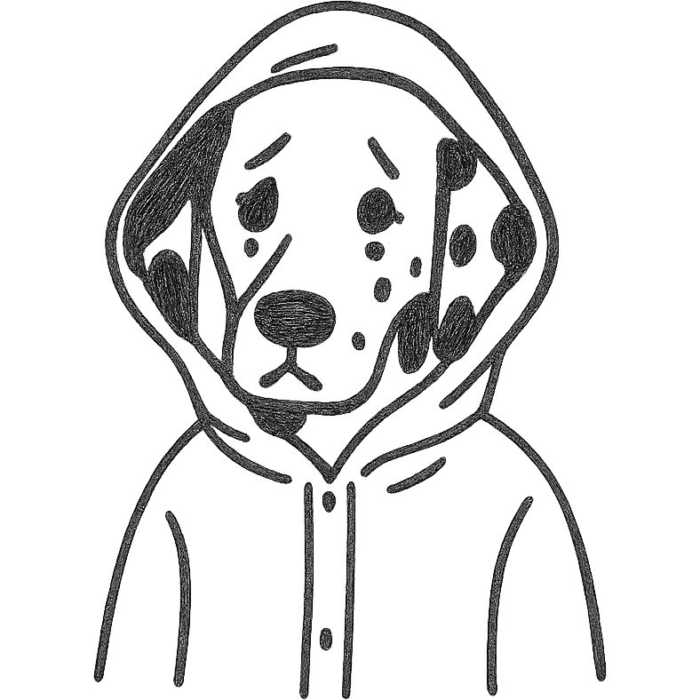 dalmatian in a yellow rain jacket, looking sad, 2D, thick black lines, hand-drawn style emoji