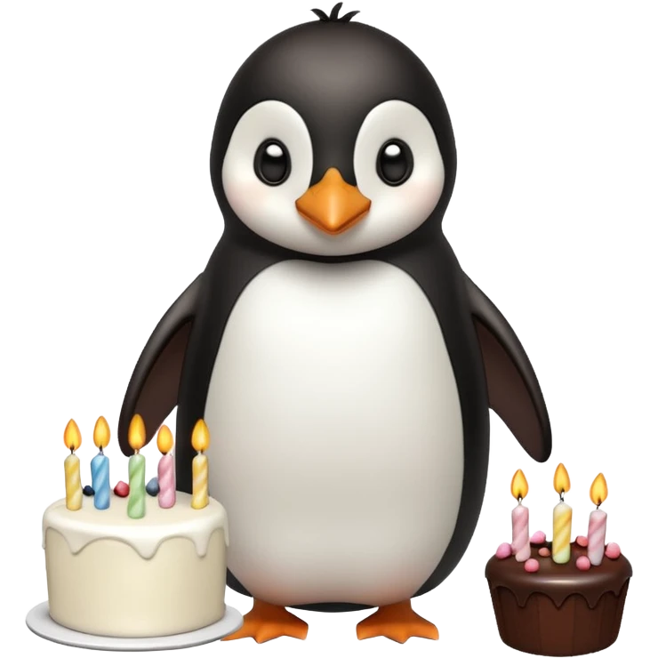 A penguin standing near a cake, feeling shy from a surprise celebration, portrait, bust up emoji