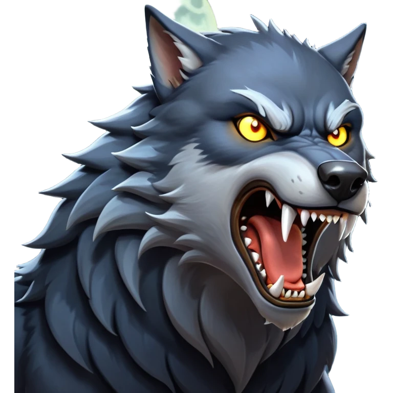 cinematic-noble-fierce-werewolf-howling-portrait-emoji, poised-and-imposing, with a fierce wolfish face tilted upwards in a haunting howl, glowing eyes full of primal ferocity, sharp, elongated fangs bared, and a rugged snout, fur rippling in shades of midnight black and silver, muscles tensed as the powerful howl echoes beneath the moonlit sky; rendered with realism, capturing the raw, untamed power of the beast in its wild, primal state emoji