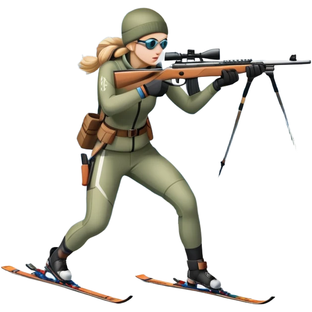 An icon showing a snowy landscape with pine trees, mountains, and a clear sky with a biathlete aiming a rifle in the foreground, wearing winter gear and skis. Transparent background emphasizes the precision, endurance, and beauty of this winter sport. emoji