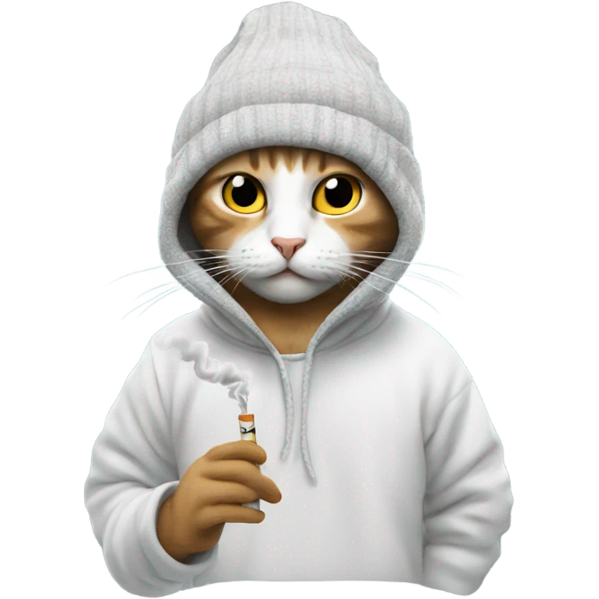 Cat smoking a white cig wearing a beanie with a hoodie on emoji