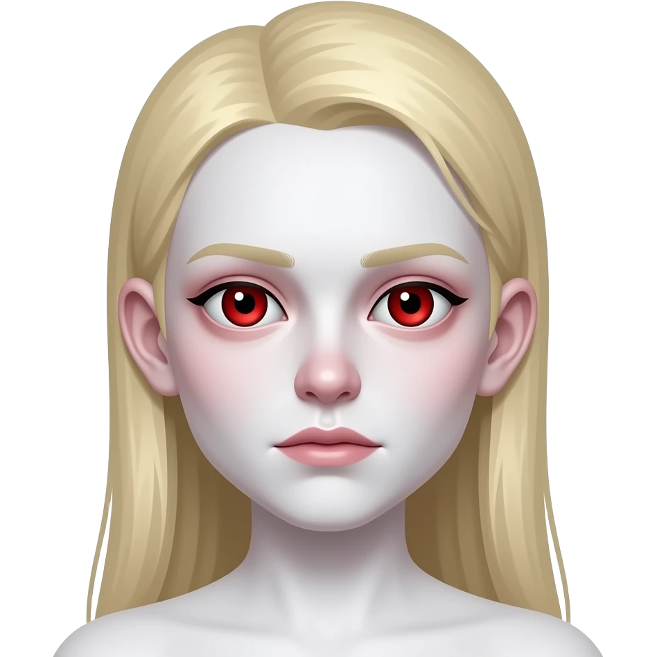 사악한 흰 피부. 붉은 동공. 살색 커다란 귀. 큰 눈. 창백한. 붉은 홍조. 사악한 금발 머리.무표정. 가르마 긴 생머리. emoji