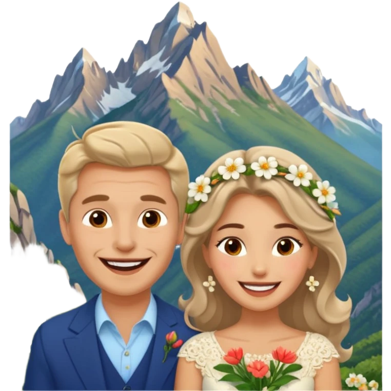 Couple  laughing traveling russian man and elegant  Latina girl delicate flowers and mountains in the background  emoji