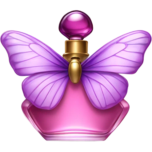 A dreamy vintage perfume bottle in dark pink, adorned with pastel violet butterfly wings. emoji
