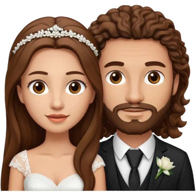 wedding couple woman with long straight brown hair and eyes man with long brown curly hair and facial hair emoji