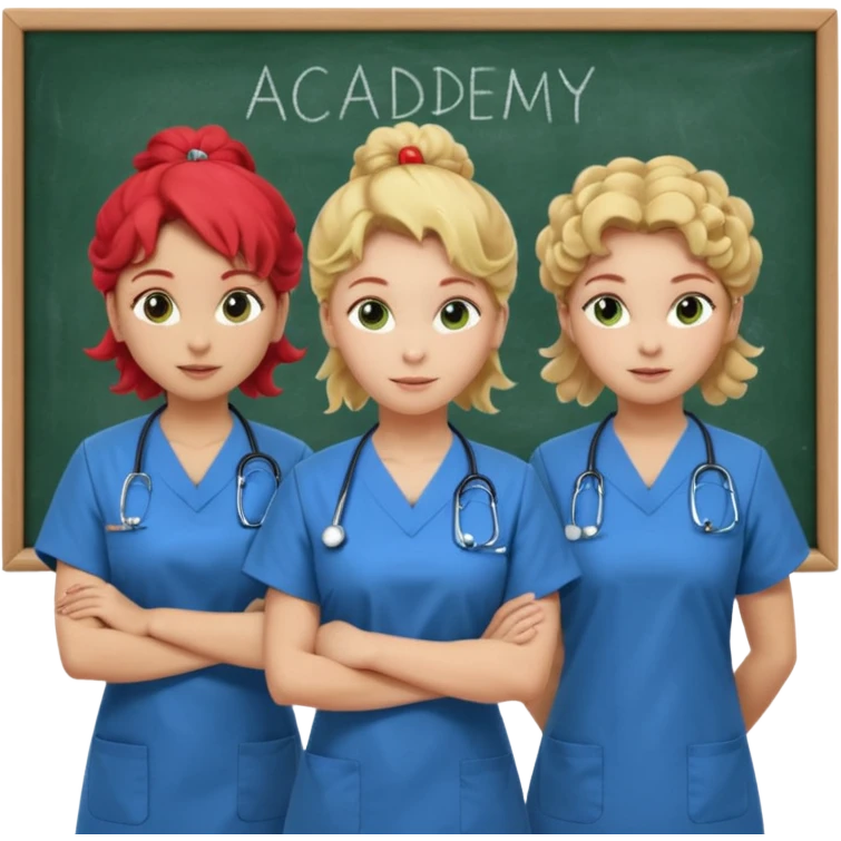 3 nurses: nurse 1 is wearing green work clothes, curly hair, middle european. nurse 2 is wearing blue work clothes, blond straight hair, scandinavic, nurse 3 is wearing white work clothes, red hair put into a bun, slavic. they all stand in a classroom, "Academy" written in white on board emoji