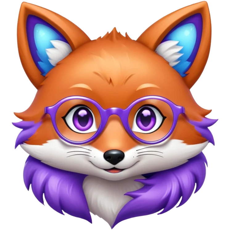 A whimsical fox with sparkling purple-blue fur, a glowing tail, a silver star on its forehead, and round glasses, with heart-shaped eyes, looking in love. 🦊😍 emoji