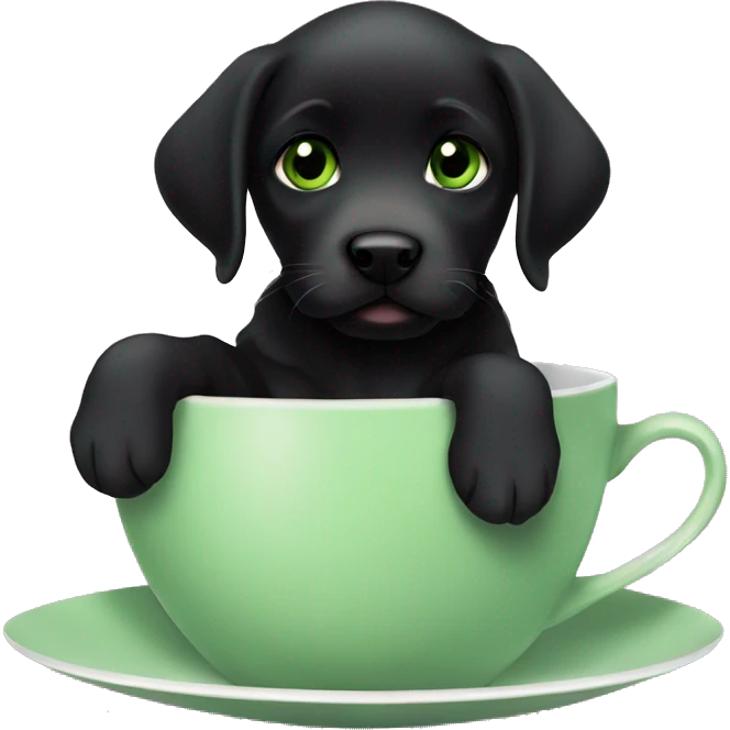 a black labrador puppy with green eyes sitting in a tea cup emoji