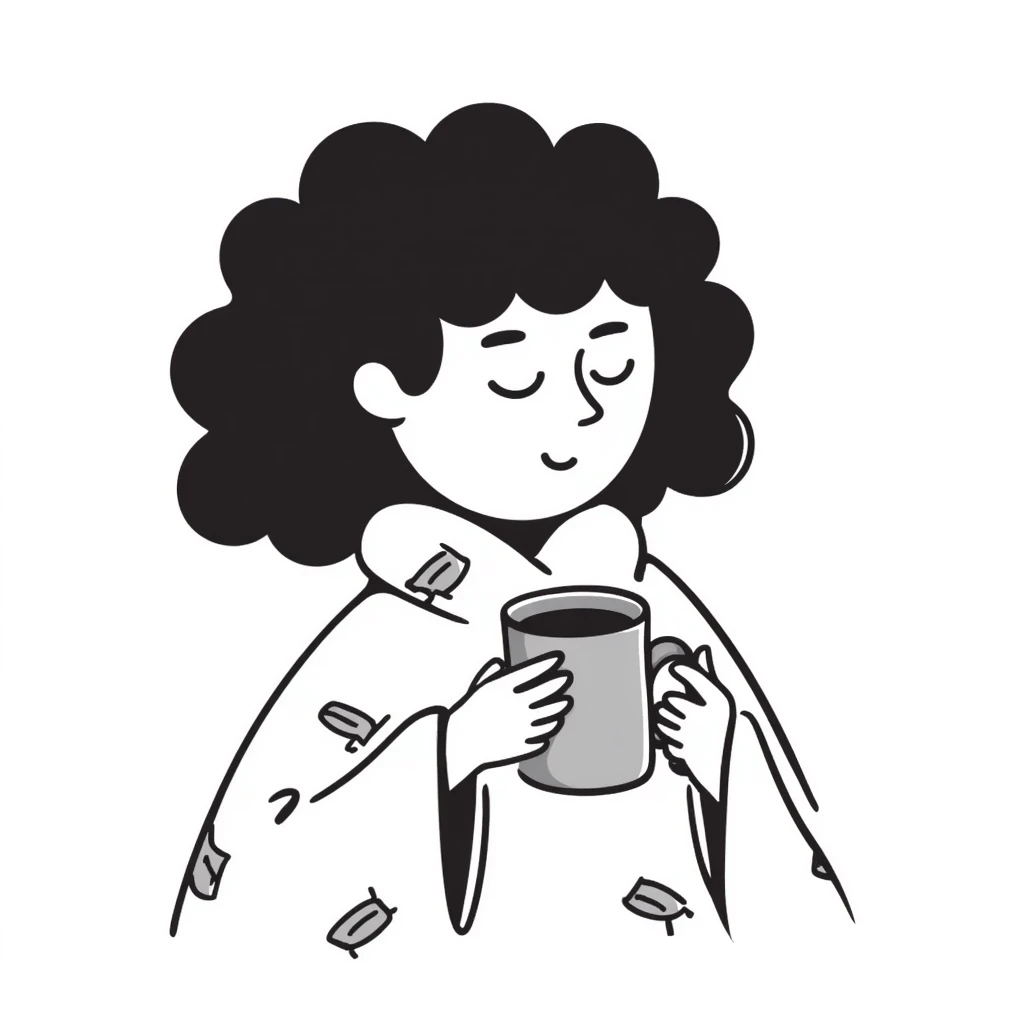 White girl with curly brunette hair snuggled in a blanket sipping coffee with eyes closed, feeling warm and content emoji