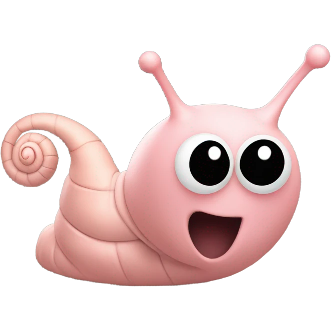 Snail is designed to look like she is made of light pink molding clay. She has black antennae and a simple face consisting of a pair of tiny black eyes and a smiling black mouth. Her shell is swirled on the inside. emoji