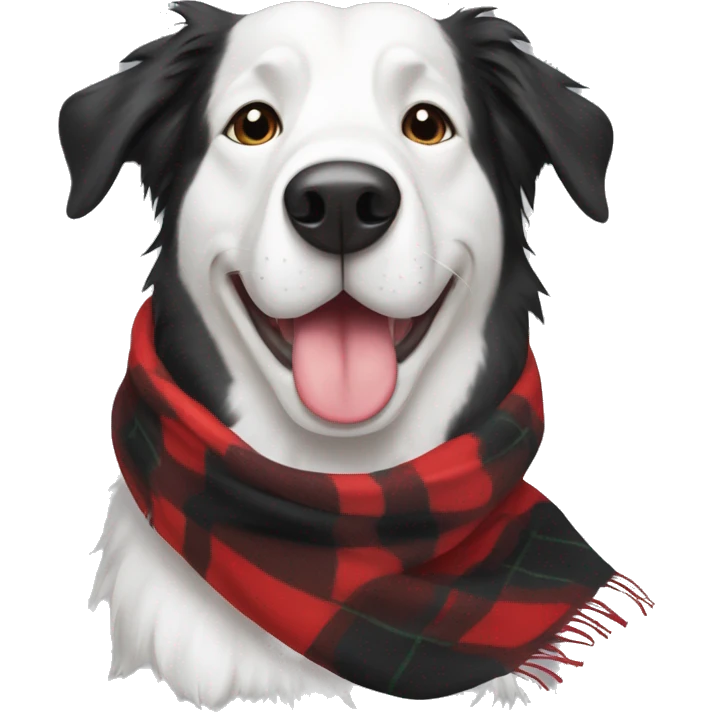 Black and white lab collie wearing a plaid red winter scarf emoji