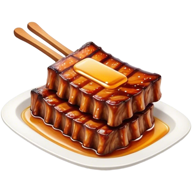 Honey Glazed BBQ Ribs Cinematic Realistic Honey Glazed BBQ Ribs Dish Emoji, depicted as a small portion of tender, honey-glazed ribs with a sticky, smoky finish, rendered with rich textures and warm, dynamic lighting. emoji