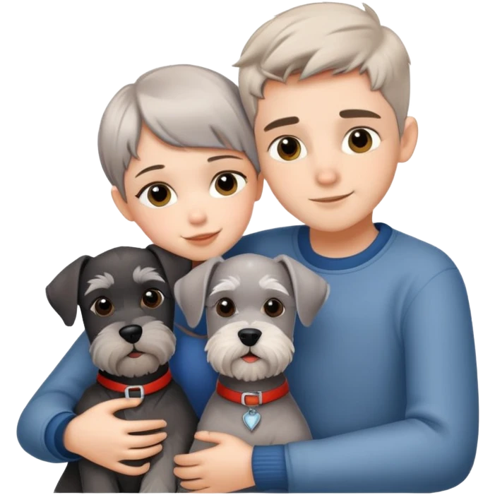 a boy and a shorthair girl hugs a Schnauzer emoji