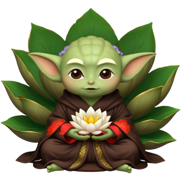 Baby Yoda con su tunica chocolate oscuro sentado dentro de una flor de loto estilo chino emoji