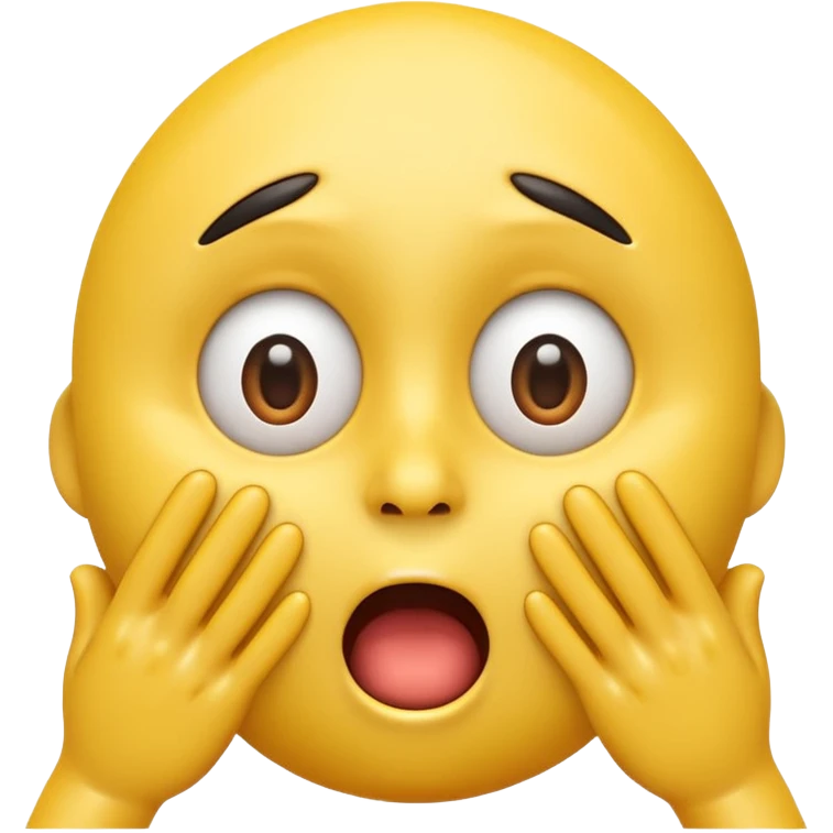 A 3D glossy yellow emoji of a shocked horrified face, with mouth and eyes are wide open, eyebrows  raised, and hands against their cheeks, face without nose, black background, high quality, soft studio lighting emoji