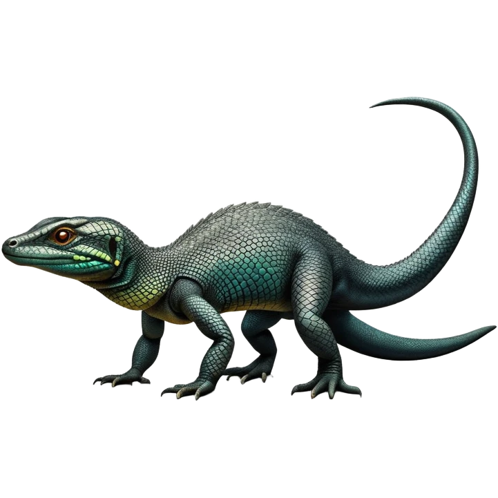 cinematic-monitor-lizard-realistic-full-body-standing on all fours-emoji,-long-powerful-tail-dragging-slightly-behind,-sleek-scaled-body-textured-with-rich-patterns,-head-tilted-dramatically,-dark-intense-eyes-observing-its-surroundings,-simplified-yet-realistic-focused-features,-highly-detailed,-glowing-with-an-almost-sarcastic-glow emoji