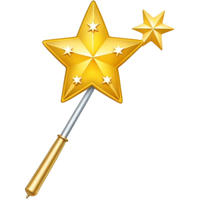 Magic wand with gradient yellow stars, golden handle with star tip, magical sparkles flying out, similar to Apple emoji style emoji