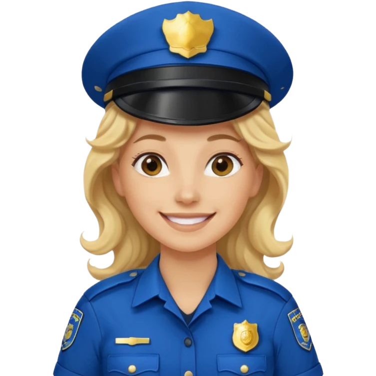 Female POLICE IN blue, long blonde curly hair, happy smile emoji