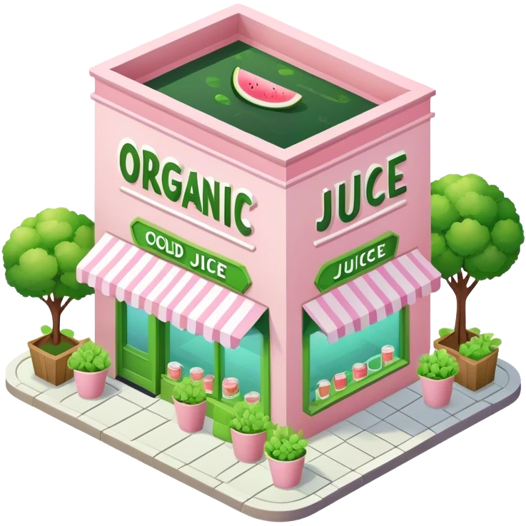 Organic cold-pressed juice shop, light pink and green, isometric exterior shop view  emoji