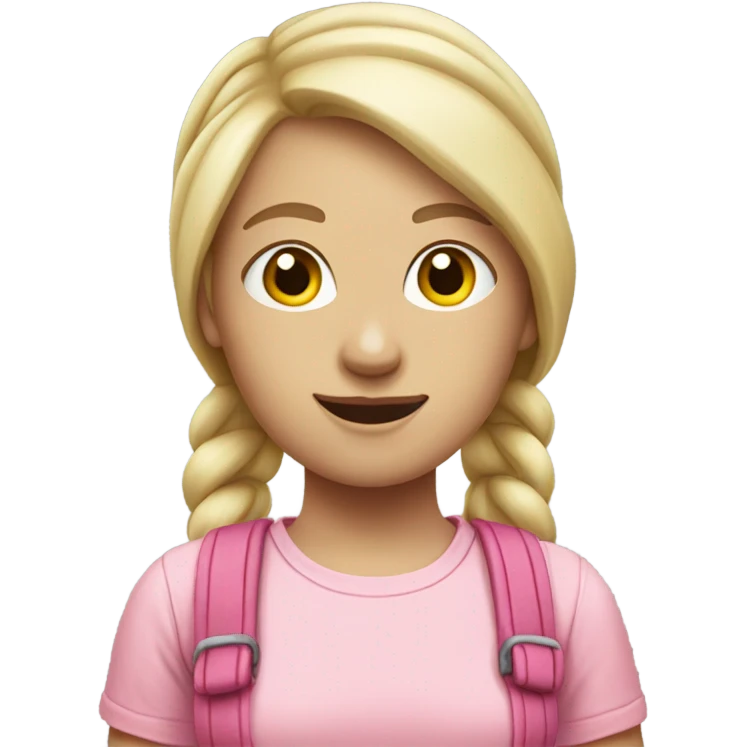 A pale white woman with hair in pony tail wearing pink headband on head, pink t shirt and overalls  emoji