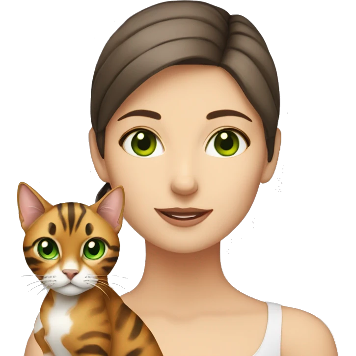 White skin brunette with bengal cat with green eyes emoji