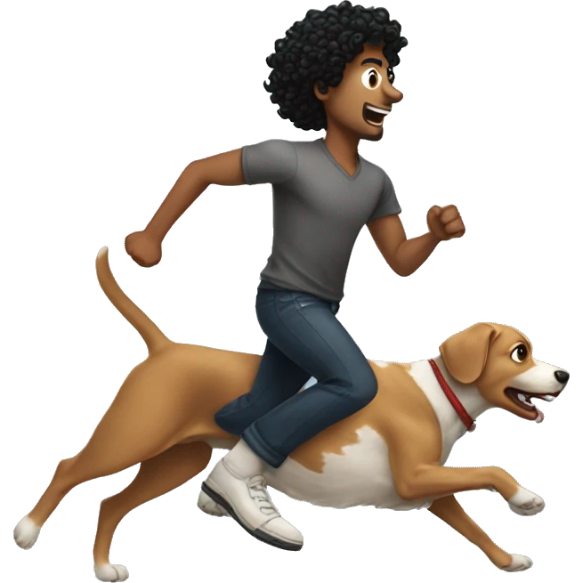 A dog running from a black curly hair man emoji